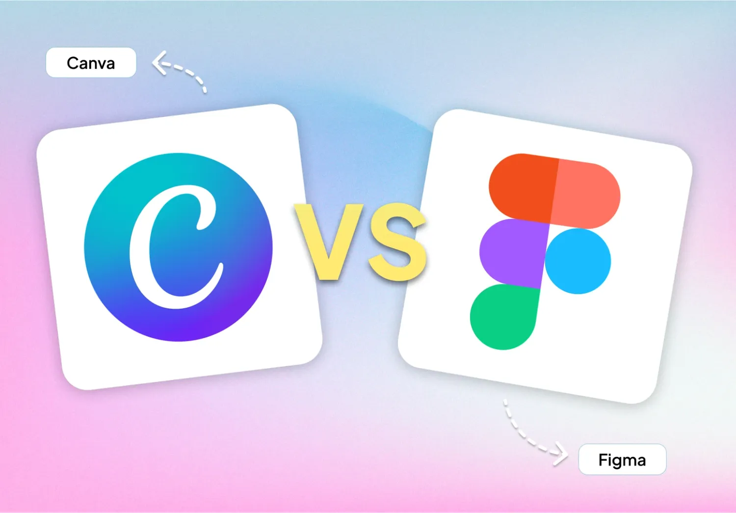Los logotipos de Canva y Figma enfrentados con un «vs» en medio, sobre un fondo degradado de colores